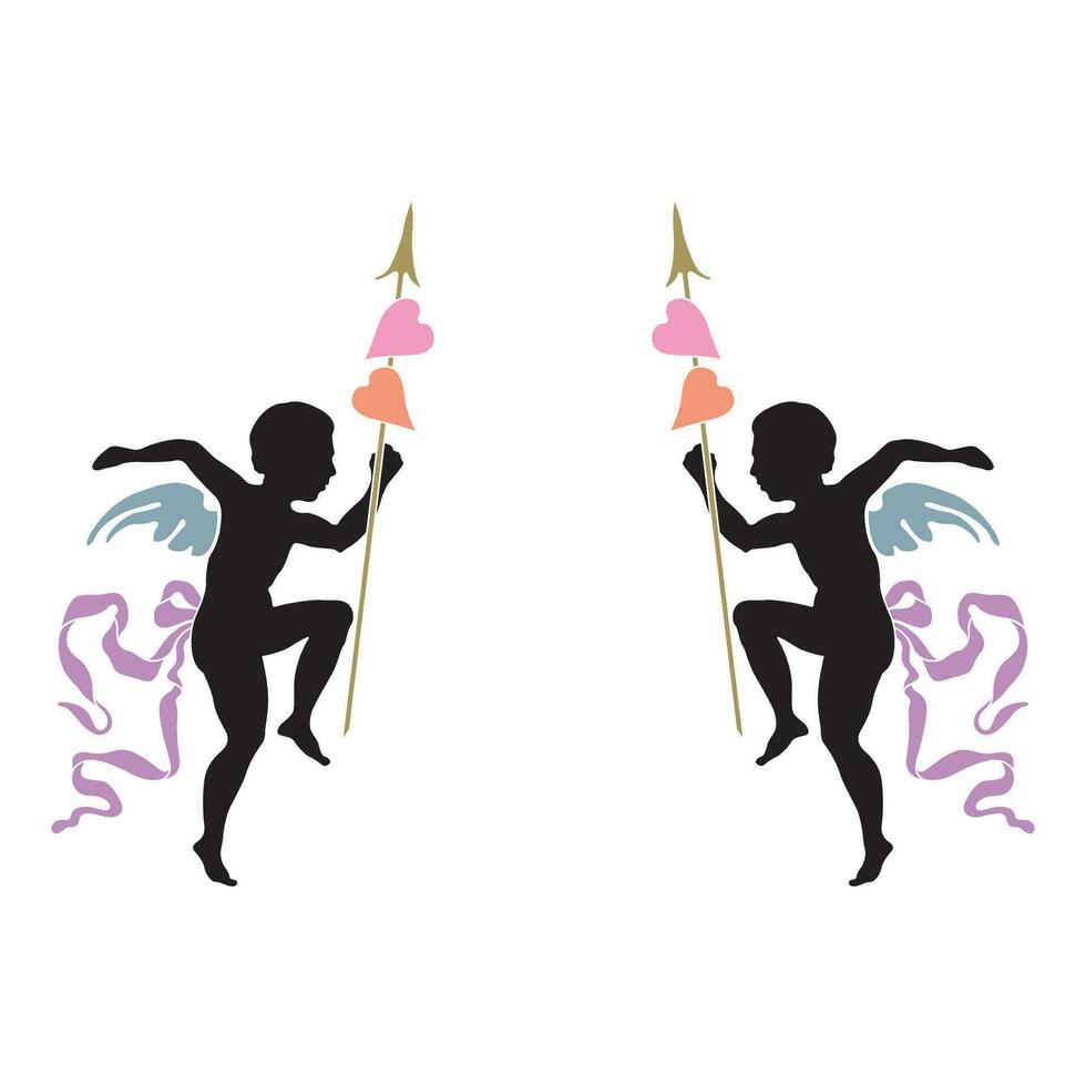 Cupid with bow and arrow, outline drawing of black color isolated on white background, stock vector illustration for decoration