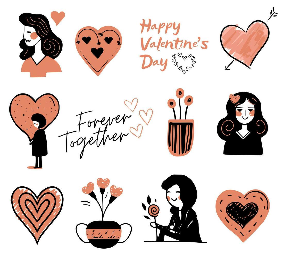 Valentines day doodle set in trendy color, romantic design for cards, posters, banners. Hand drawn vector elements.