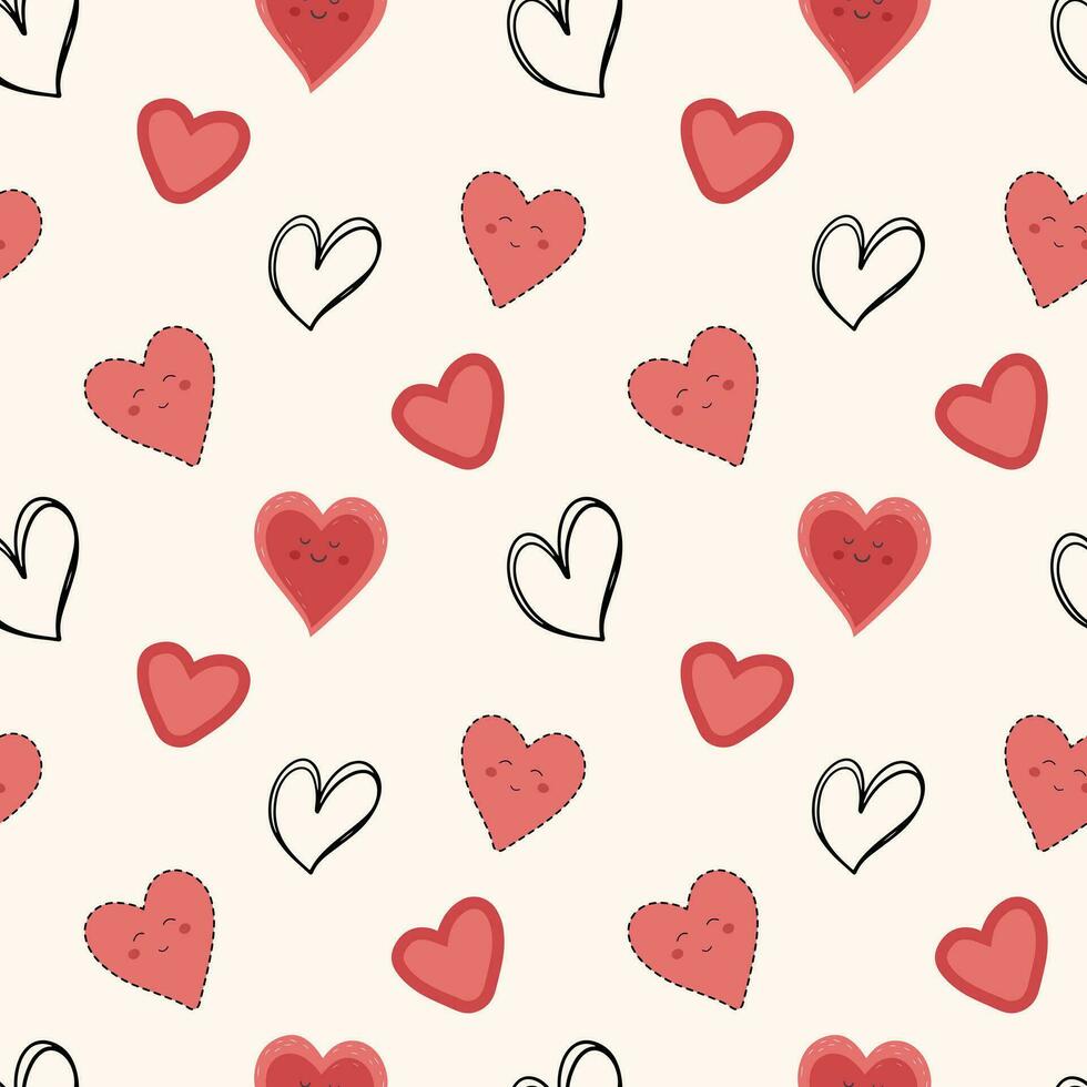 Doodle background with cute kawaii hearts. Valentine day Love seamless vector pattern. Hand drawn hearts.