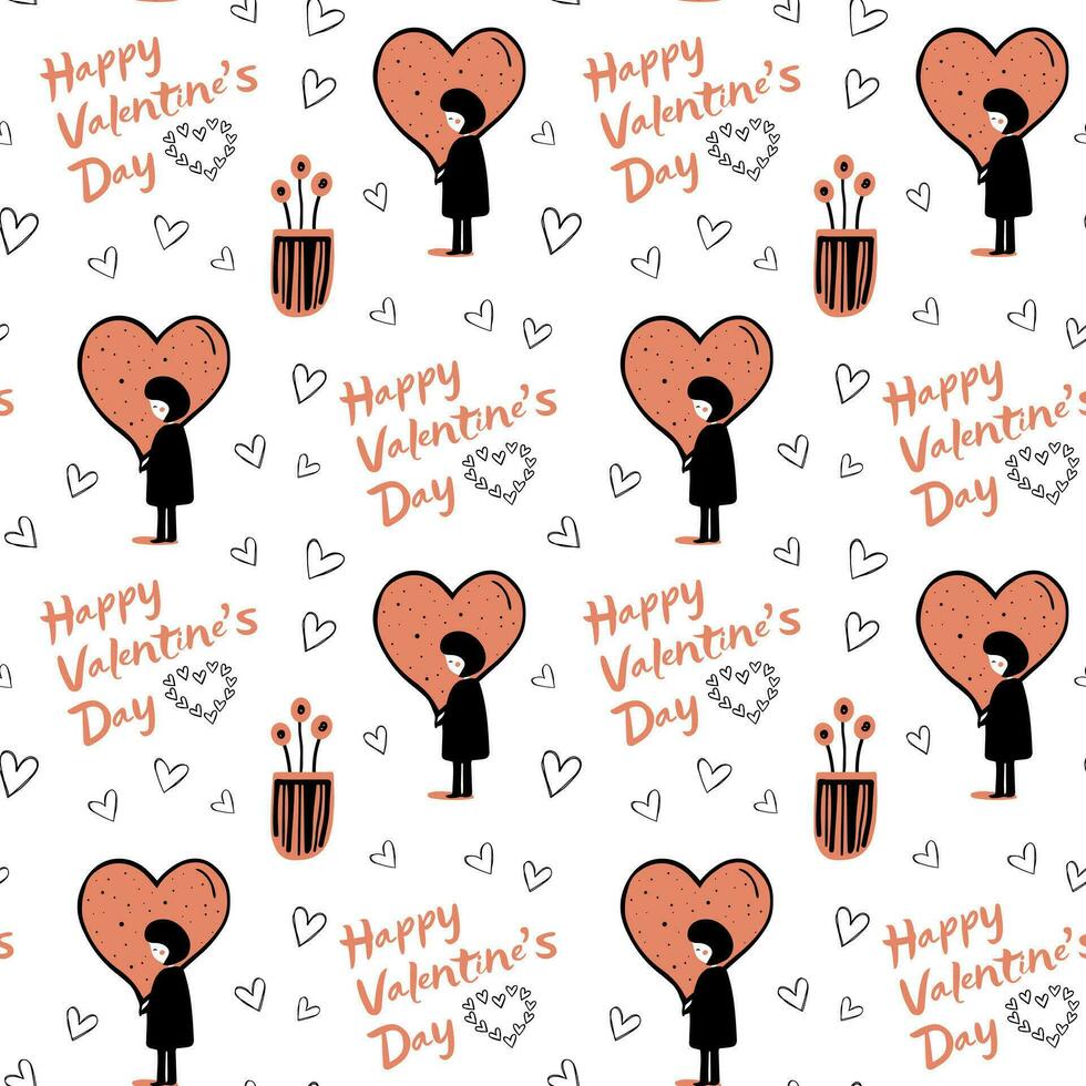 Doodle background in trendy color with girls and text. Valentine day Love seamless vector pattern. Hand drawn flowers.