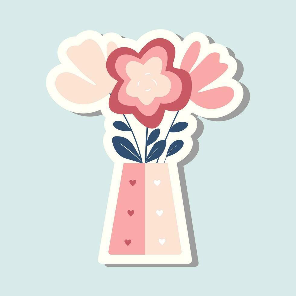 linda pegatina vector maceta con corazones. san valentin día florero con flores romántico vector icono en pastel colores