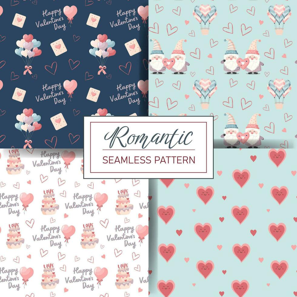 Set of seamless love patterns with cute gnome, balloons, hearts, quotes. Valentine's Day backgrounds. vector