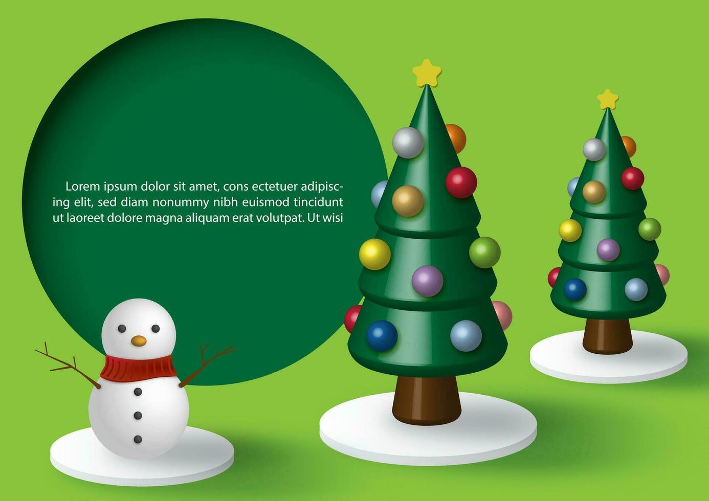 Poster advertising with decoration of Christmas trees and the snowman in 3d style on a circle banner with example texts and green background. All in vector design.