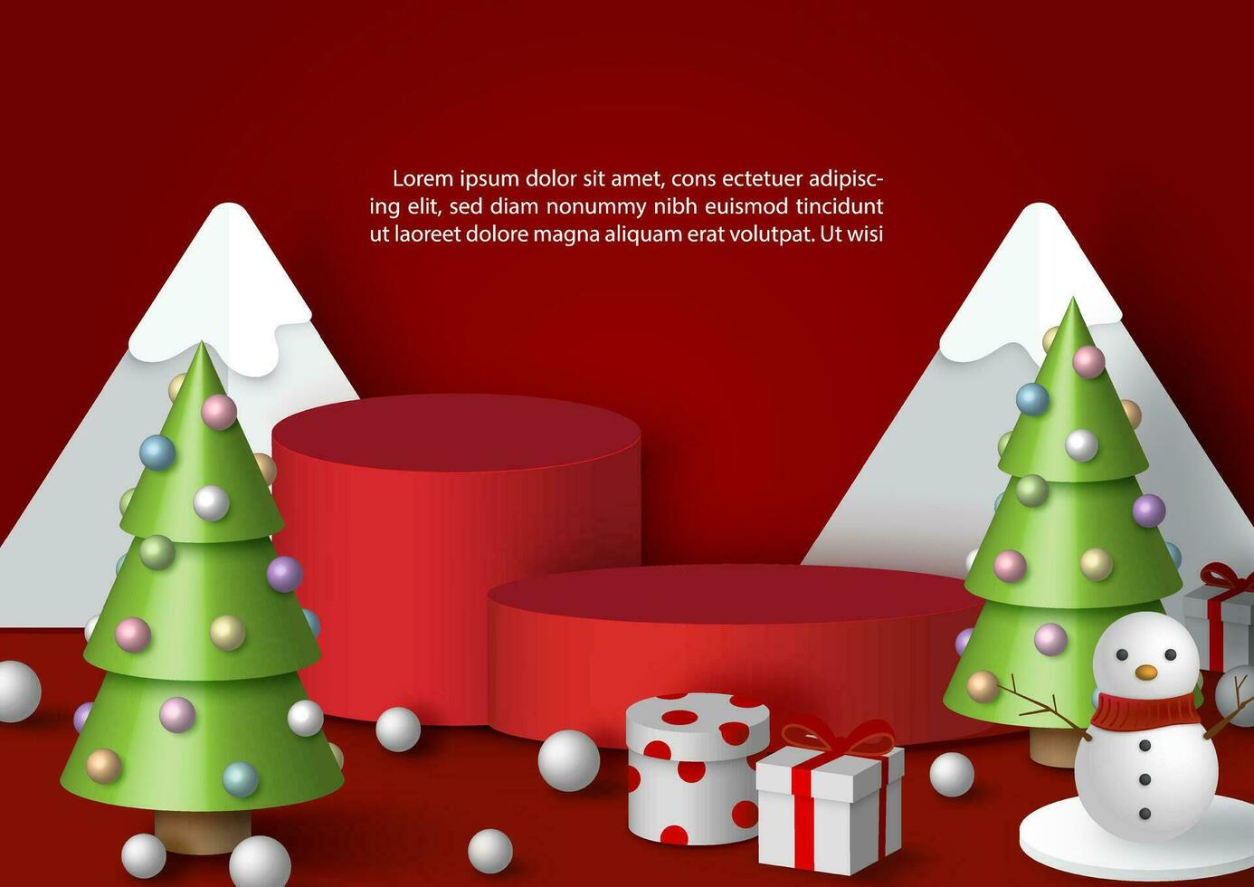 Poster advertising with product stage and decoration of Christmas celebration in 3d and paper cut style on red background. All in vector design.