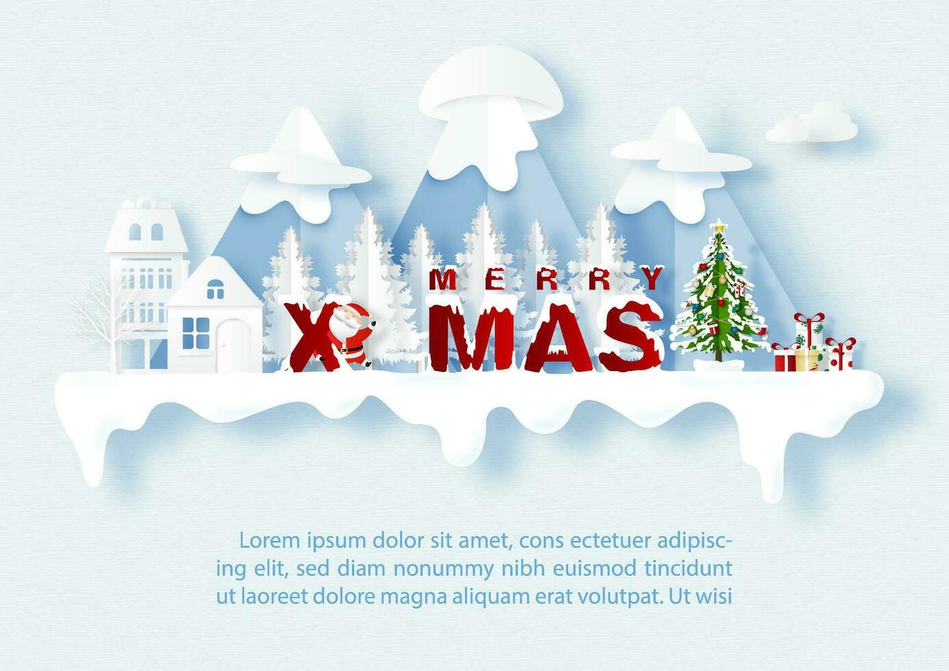 Christmas greeting card in cartoon character and paper cut style on Christmas day with fluffy snow and example texts on light blue background. Greeting card and poster of Christmas in vector design