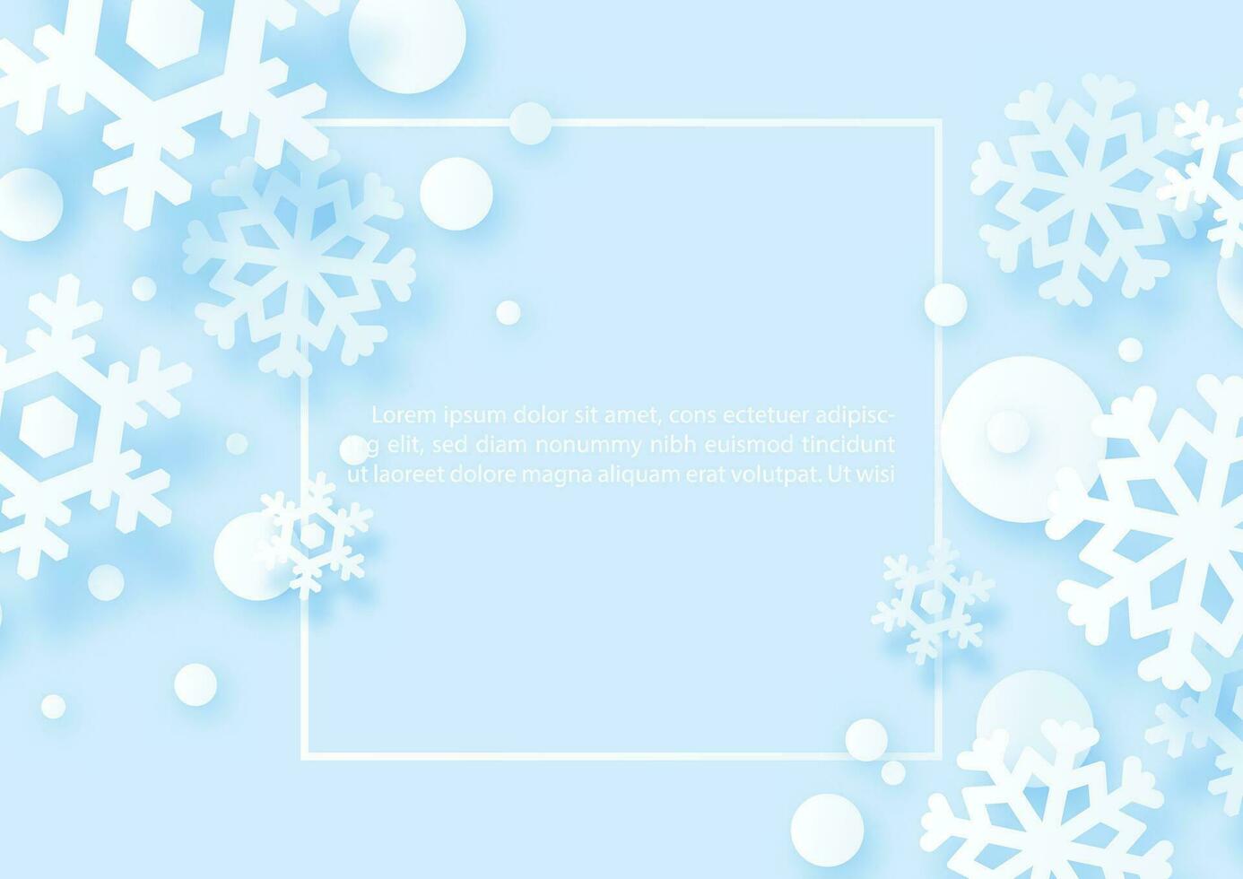 Silhouette snow flakes in paper cut style on square frame and example texts and blue paper pattern background. Christmas and new year greeting card celebration in vector design.
