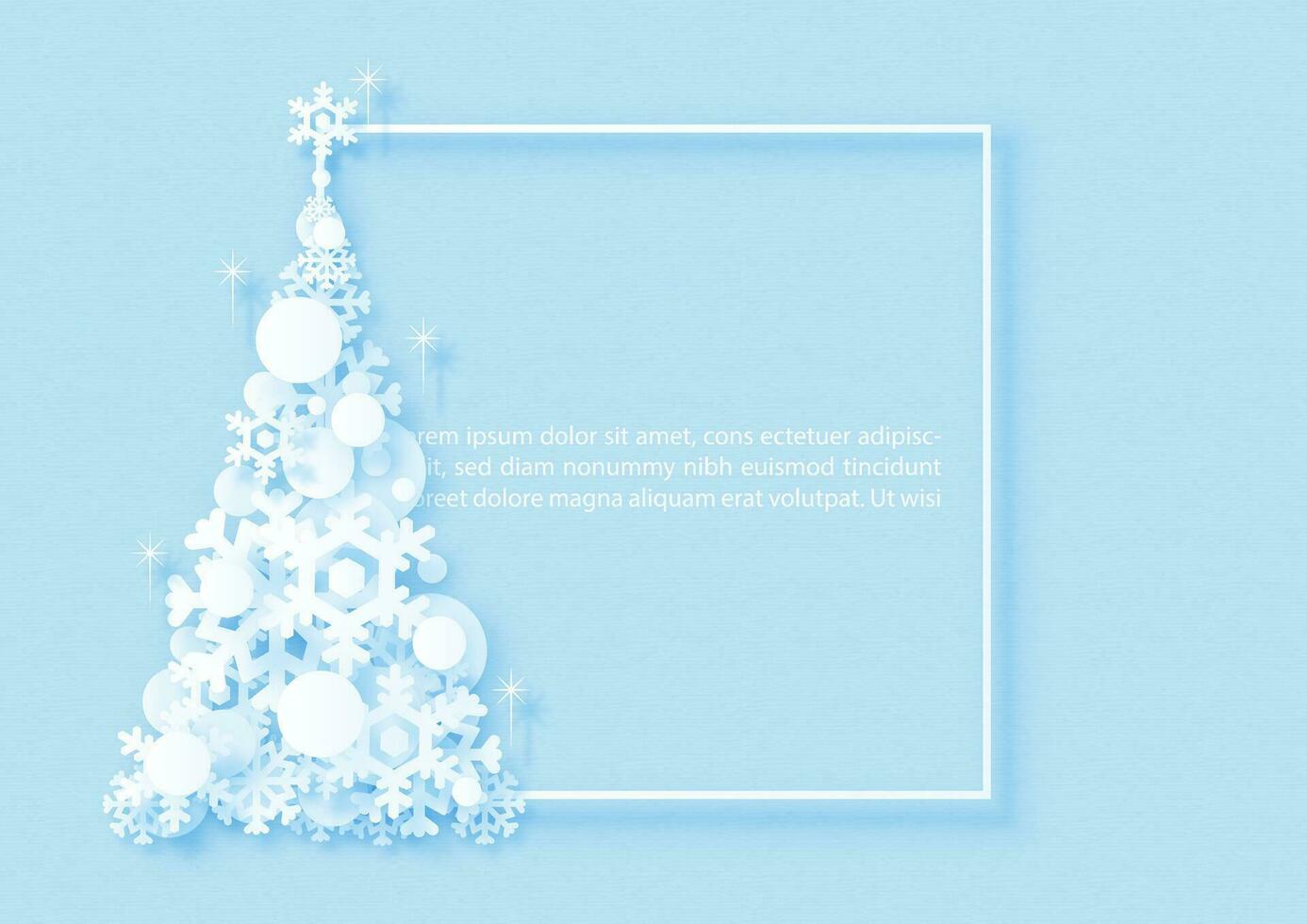 Decorated Christmas ball with silhouette snow flakes in a pine tree shape and paper cut style, example texts on on square frame and blue paper pattern background vector