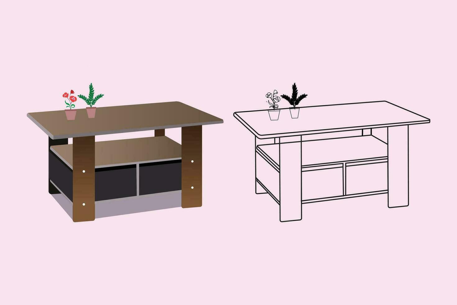 Modern workspace with computer table,flower. Flat vector illustration.
