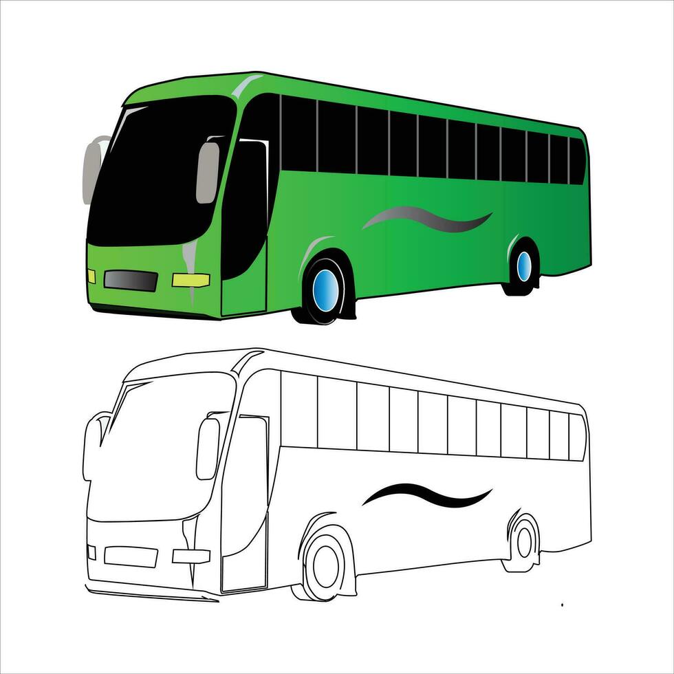 Vector green tourist or city bus on the road coach vector 3d illustration hand drawn illustration