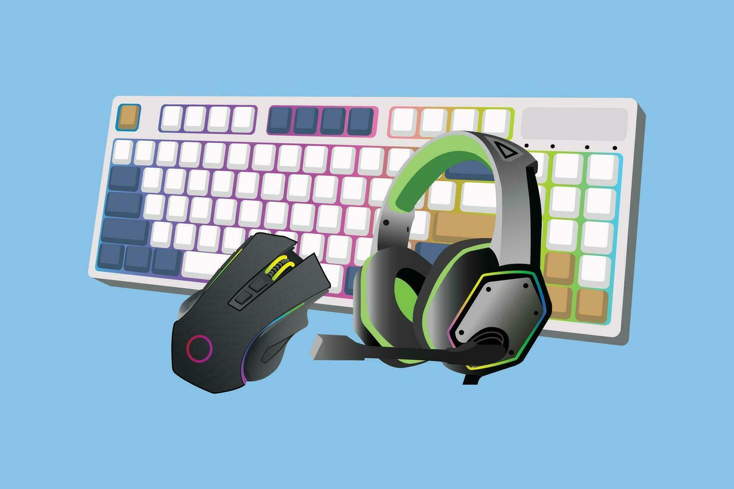 Colorful Gaming Combo Vector Containing a Keyboard, Mouse and Headphones design for vector illustration.