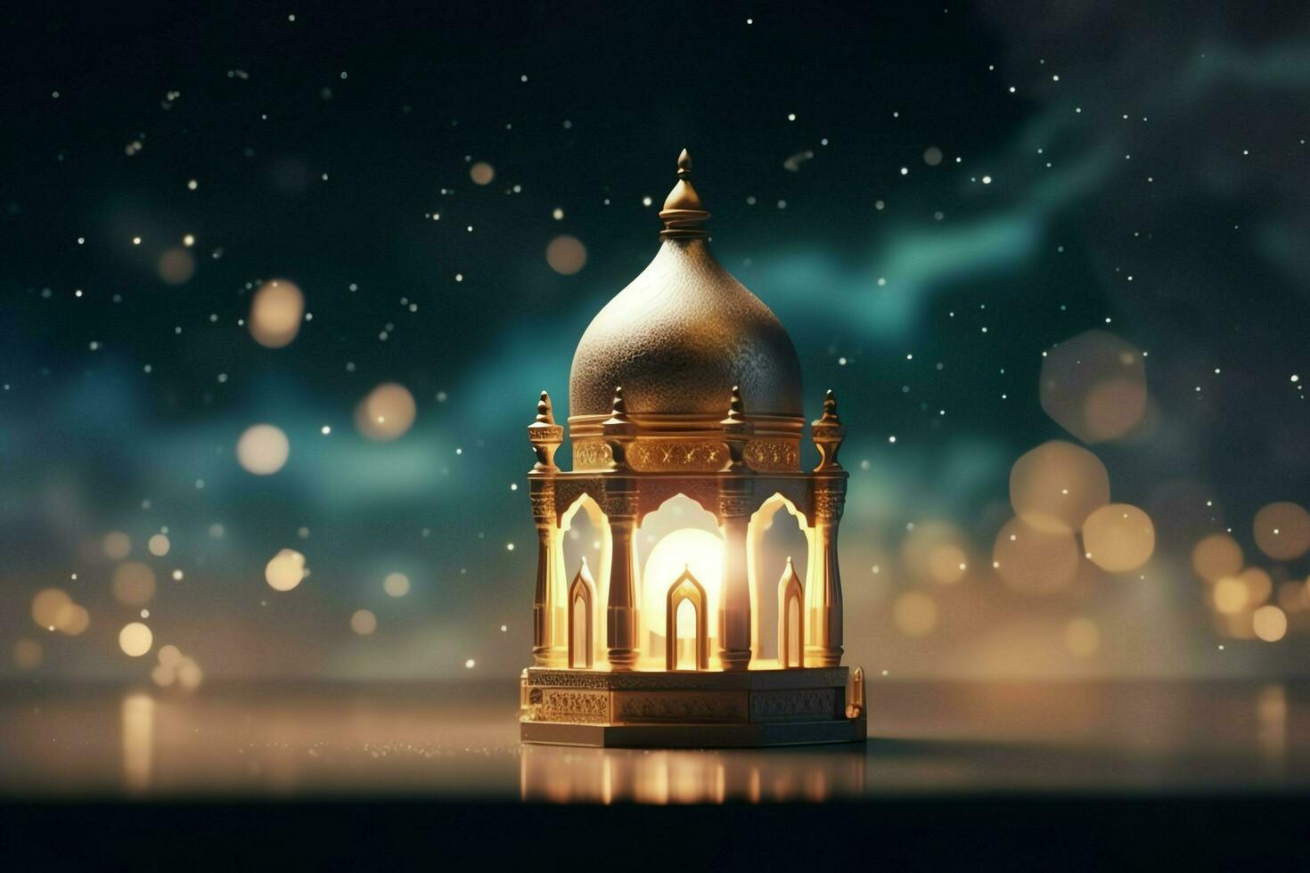 Eid mubarak and ramadan kareem greetings with islamic lantern and mosque. Eid al fitr background. Eid al fitr background of window concept by AI Generated photo