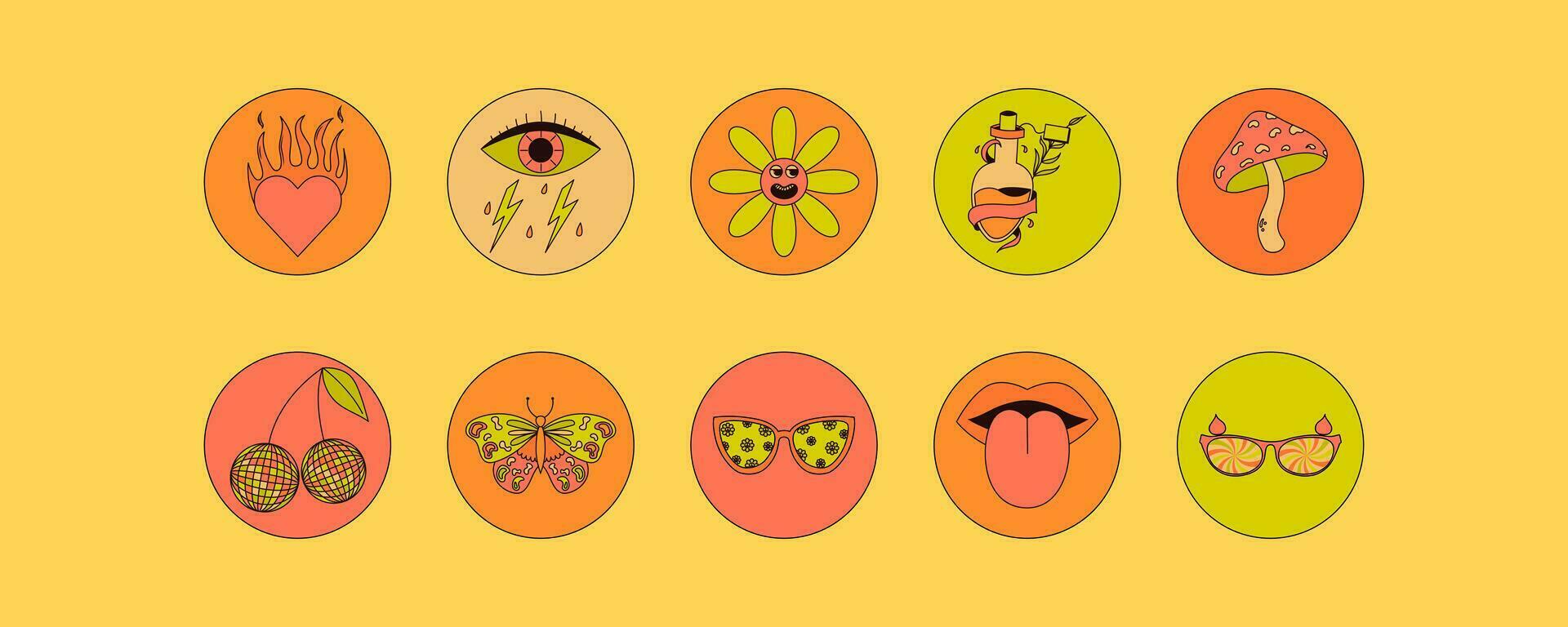 Collection of vintage groovy elements. Mushrooms, lips , eyes , sunglasses and more. Retro vector art .