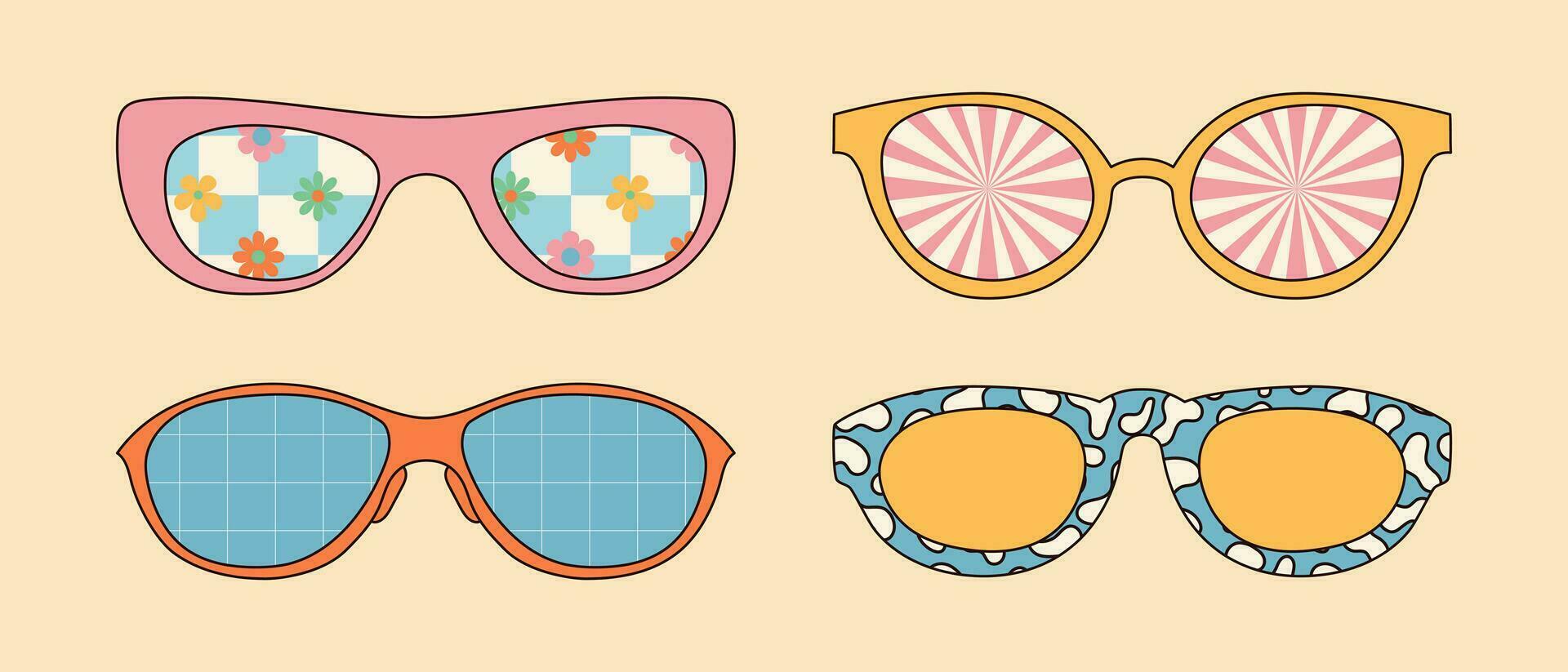 maravilloso retro Gafas de sol con psicodélico diseños inspirado en los 70 vector Arte.