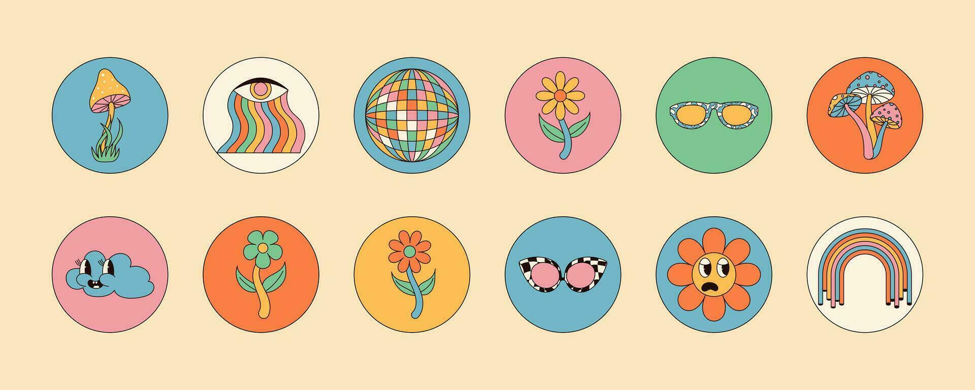 conjunto de maravilloso pegatinas hongos, flor , arcoíris, ojos , Gafas de sol y más . inspirado en los 70 vector gráficos .