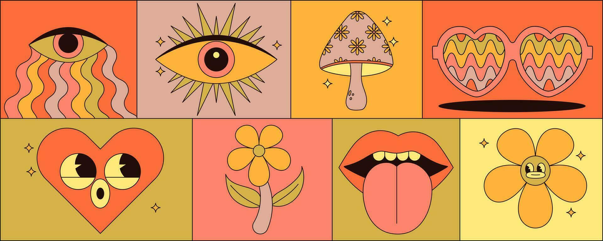 Groovy hippie sticker set with trippy mushrooms, flower, lips, eyes, sunglasses and more. Vintage vector illustrations