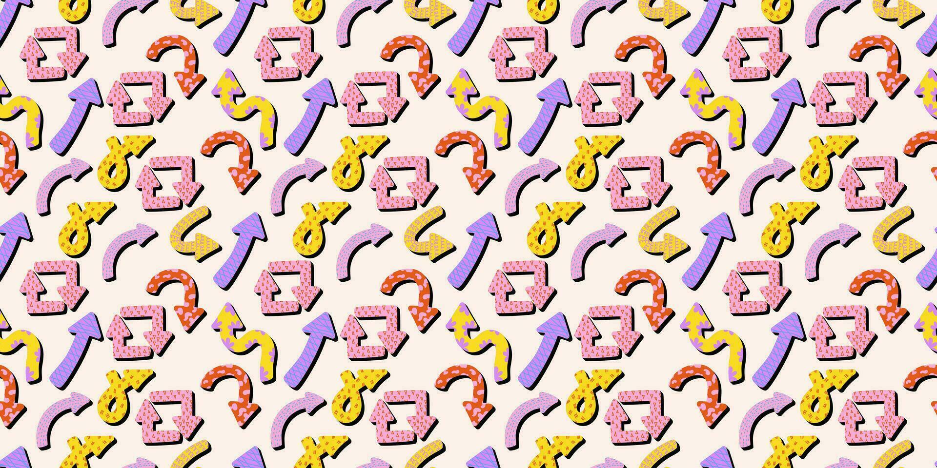 Naive playful arrows in trendy retro memphis style with vector texture. Direction indicators seamless pattern.