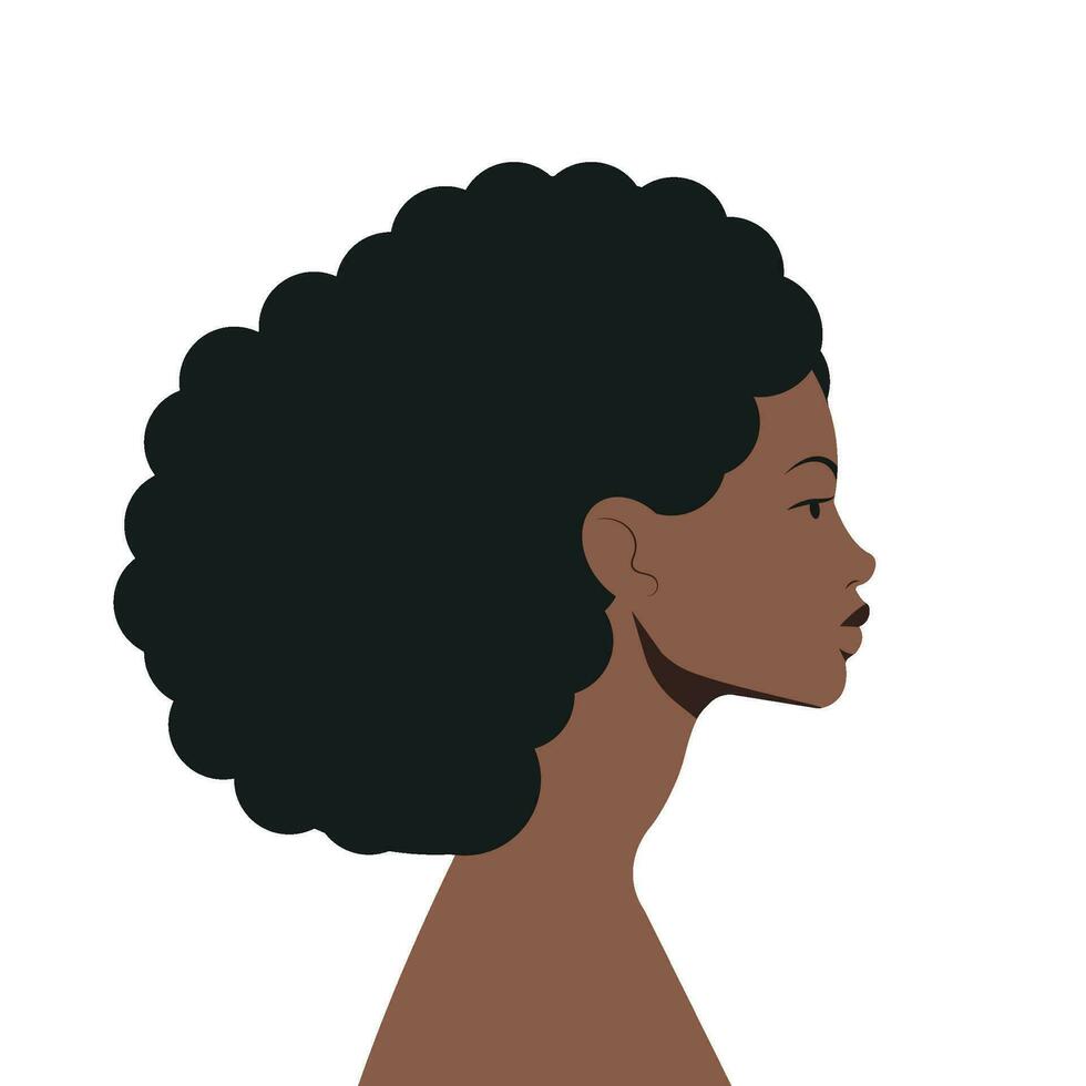 Beautiful African American Woman in Profile View. Side View Portrait of Head and Shoulders. Curly Black Hair. Simple Minimalistic Style. vector