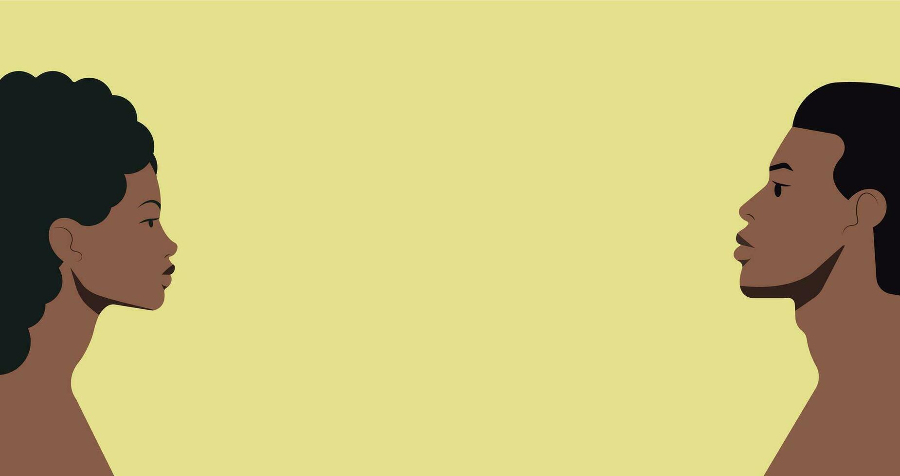 Profile portraits of a black woman and black man looking to each other. African American people head and shoulders side view portraits. Horizontal banner with yellow background. vector