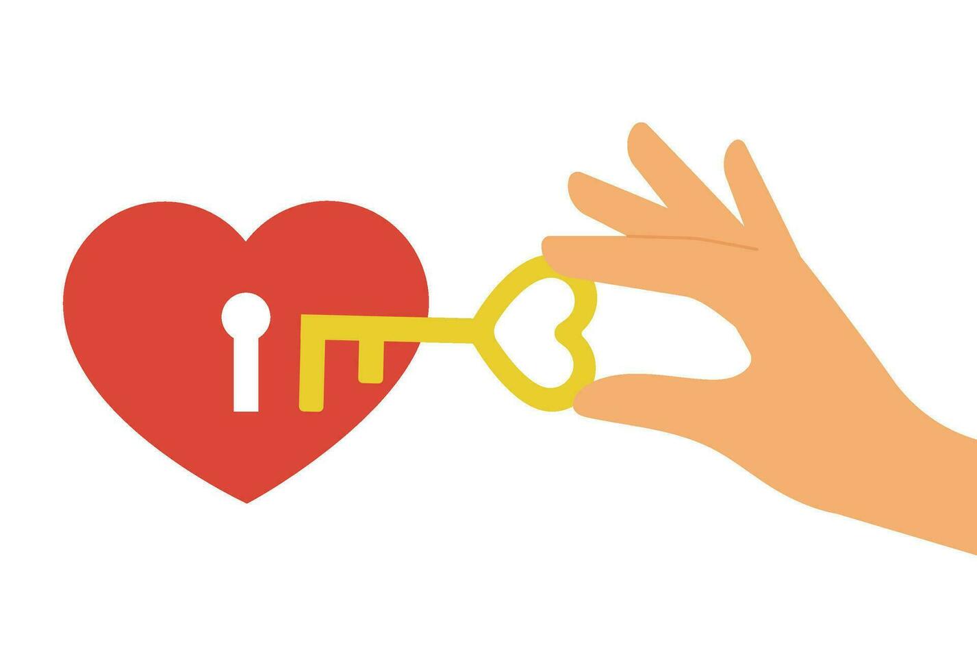 Female hand hold golden key to open red heart with keyhole. vector