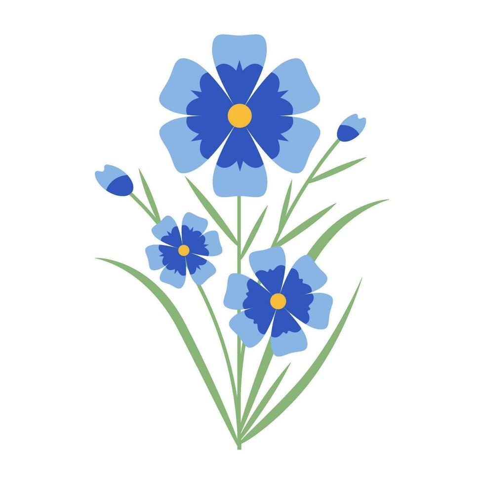 Single blue field flower isolated. Minimalistic flat style. Wild plant with blue flowers, buds, stem and leaves. vector