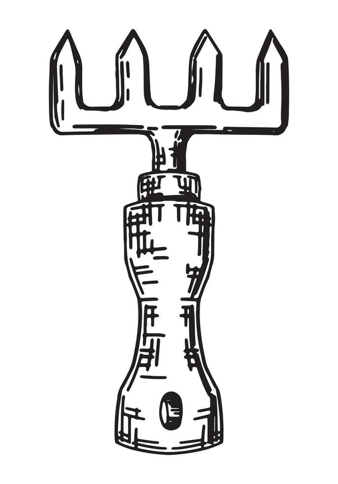 Garden rake cultivator outline doodle. Sketch of gardening tool. Vector illustration in engraving style isolated on white.