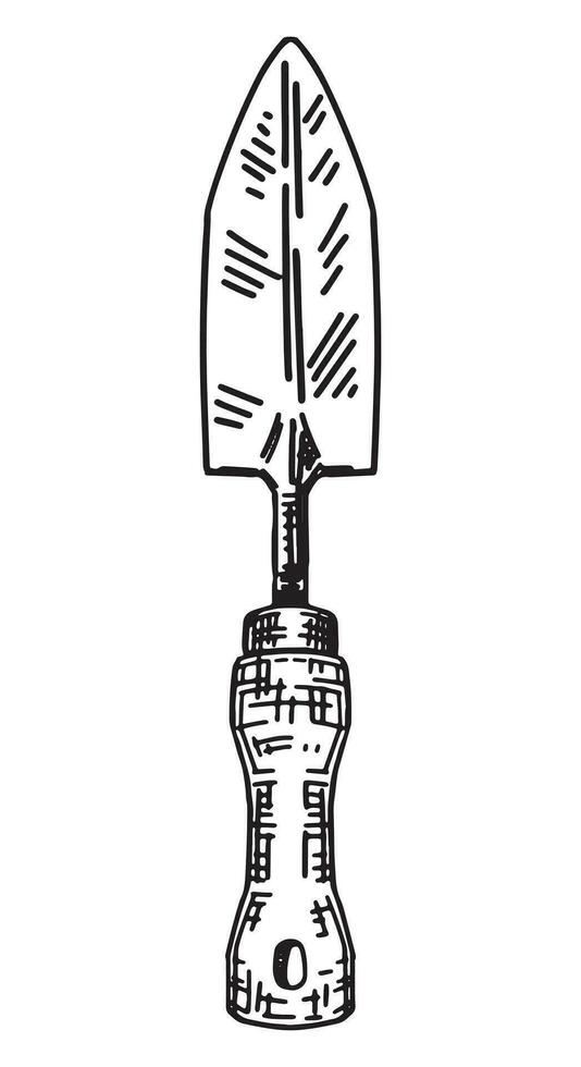 Hand spade outline doodle. Sketch of gardening tool. Vector illustration in engraving style isolated on white.
