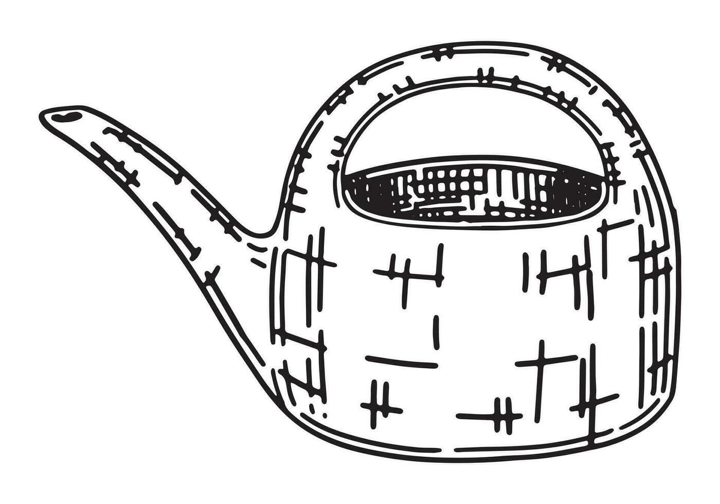 Watering can outline doodle. Sketch of gardening tool. Vector illustration in engraving style isolated on white.