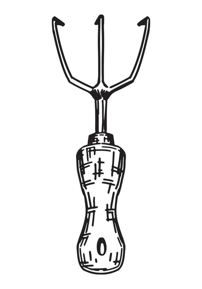 Garden rake cultivator outline doodle. Sketch of gardening tool. Vector illustration in engraving style isolated on white.