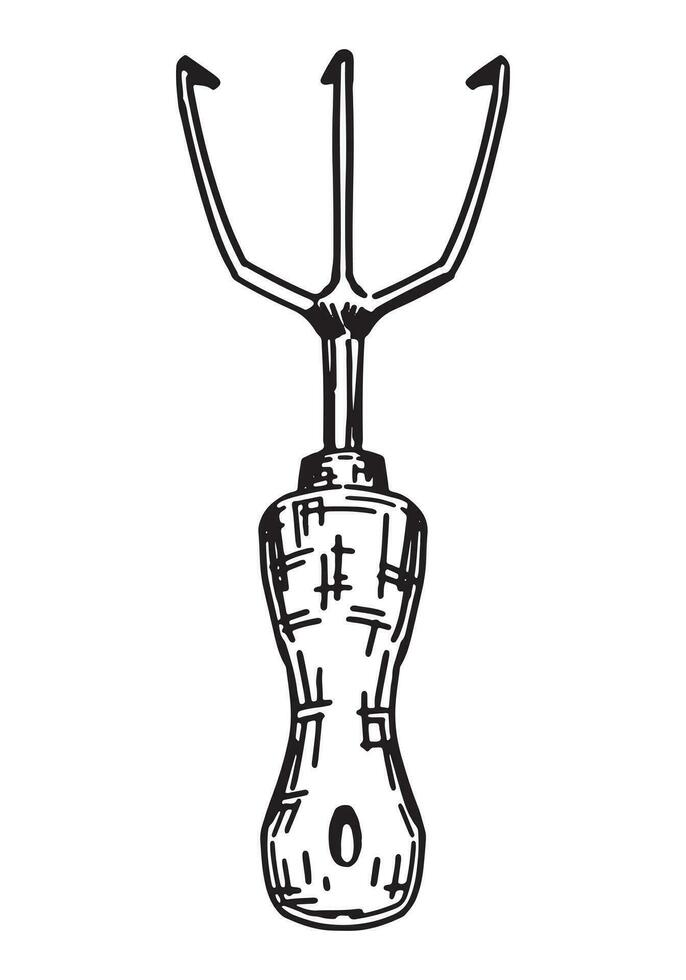 jardín rastrillo cultivador contorno garabatear. bosquejo de jardinería herramienta. vector ilustración en grabado estilo aislado en blanco.