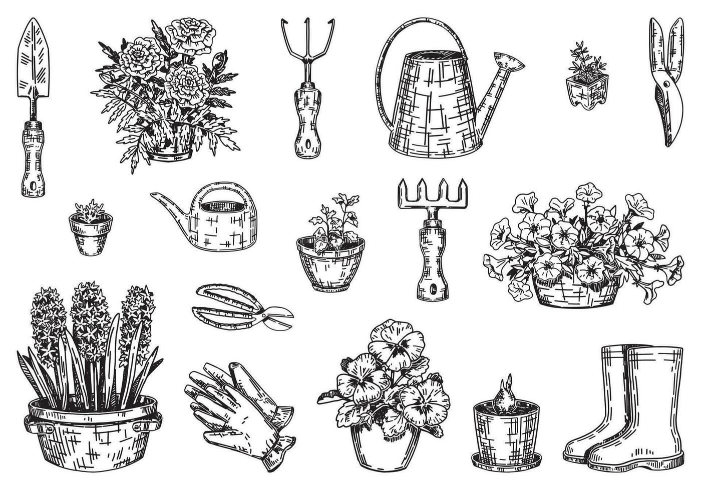 Spring gardening outline collection. Sketches set of potted plants, gloves, rubber boots, watering cans, garden tools. Vector illustration in engraving style isolated on white.