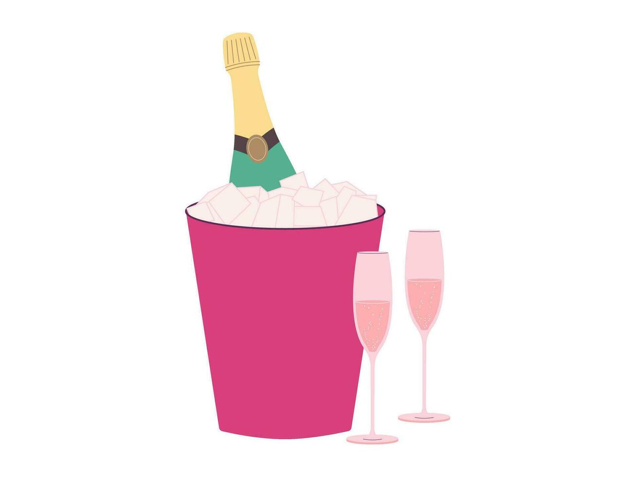 Wine bottle with glasses in bucket of ice. Champagne and prosecco vintage glass bottle. Vector illustration