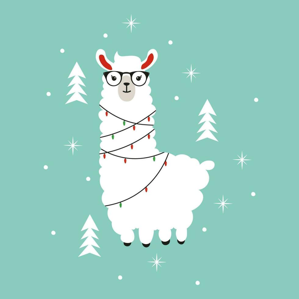 Christmas cute animal. Alpaca wrapped in garlands with glasses. Lama Flat Vector Illustration