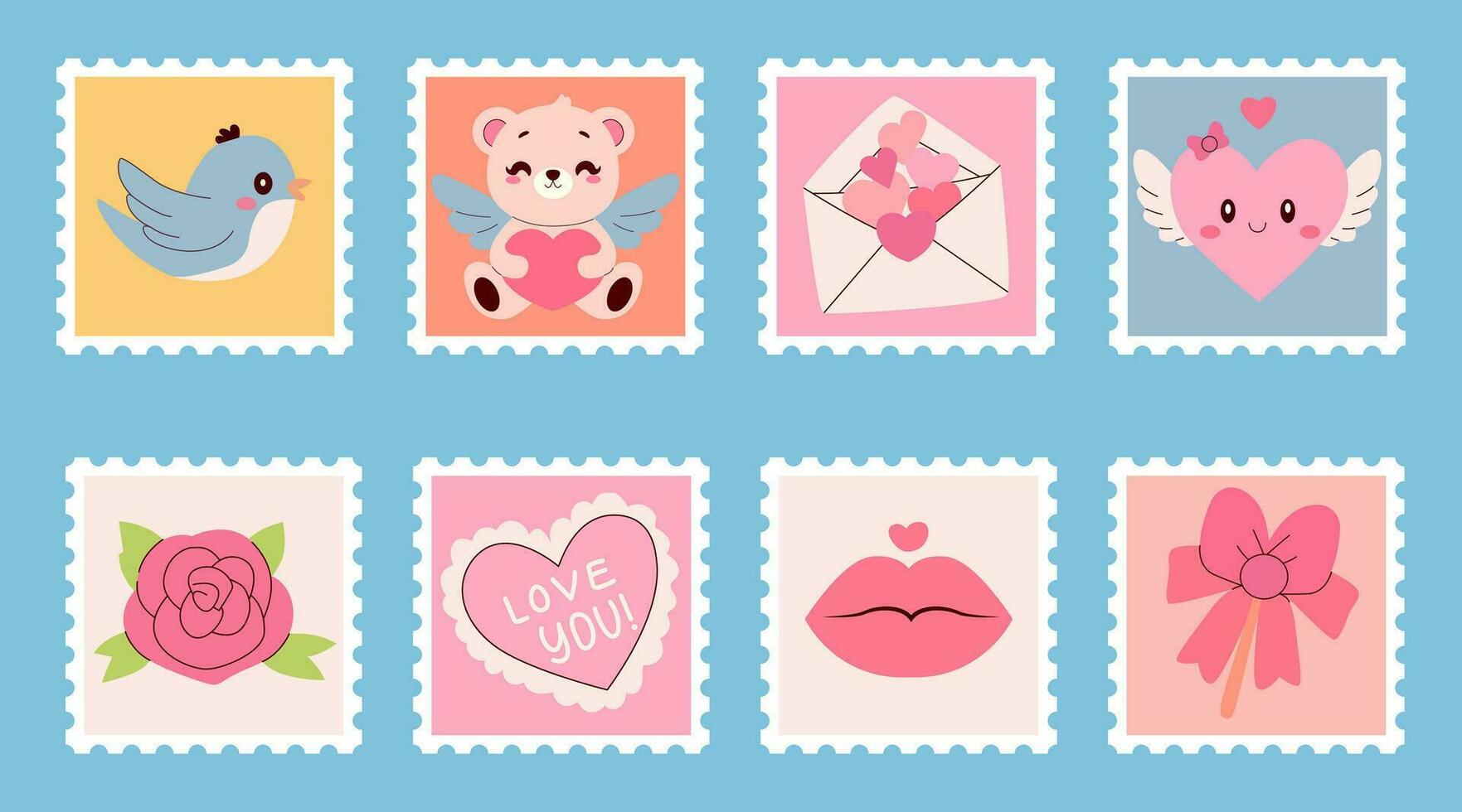 Set of cute hand-drawn post stamps with Valentine's Day. Trendy vector illustrations in cartoon style. Set Valentines day retro posters in retro 90s style.