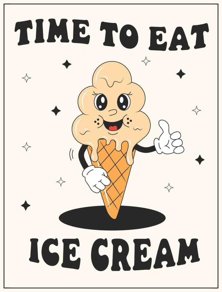vector dibujos animados retro mascota de hielo crema. letras hora a comer hielo crema. Clásico estilo años 70, años 60, Años 50 personaje. maravilloso póster para café casa y cafetería.