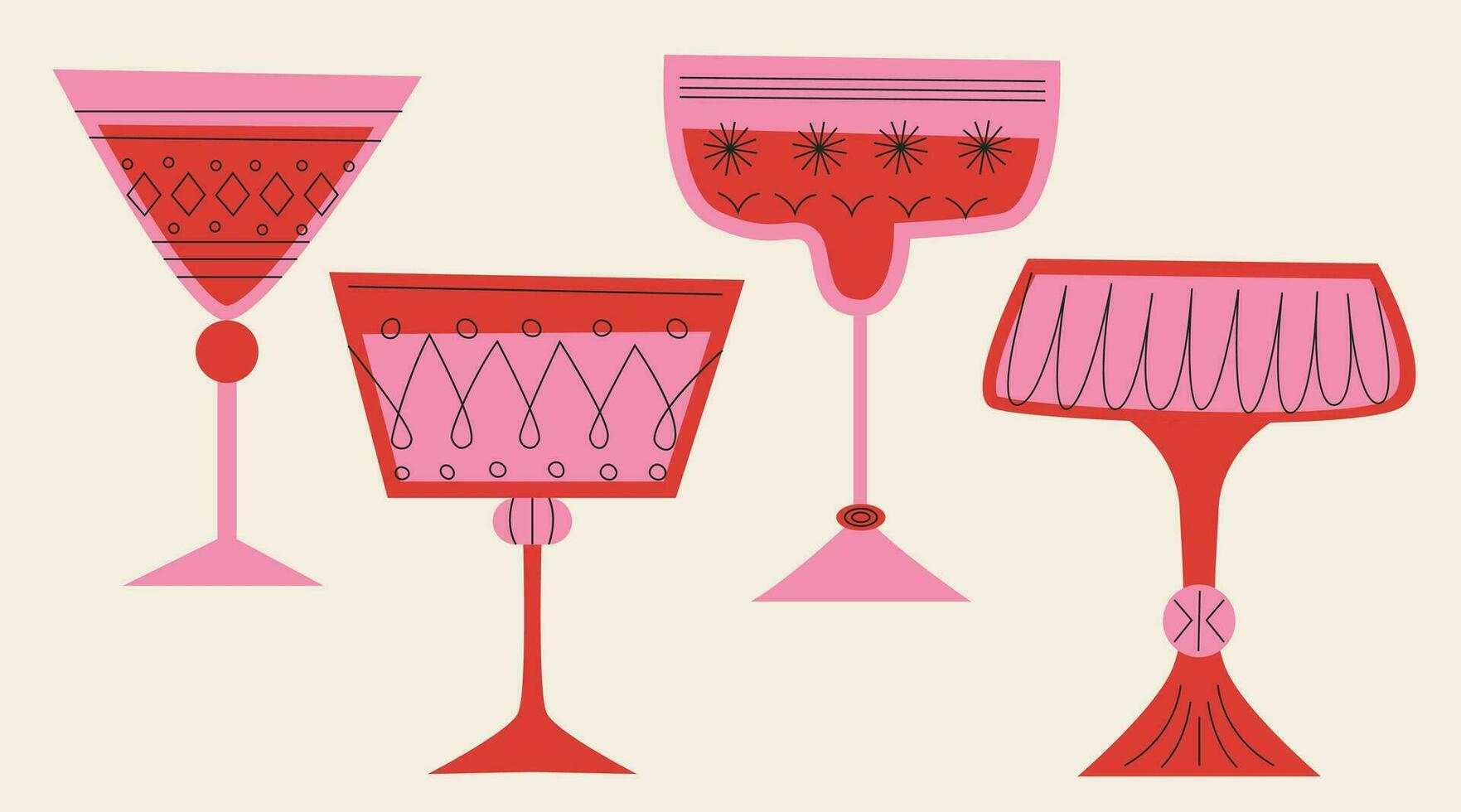 A set of cocktail glasses of different shapes in red and pink colors. Drinks in different types of vintage glasses. Linear vector illustration. Cartoon retro style