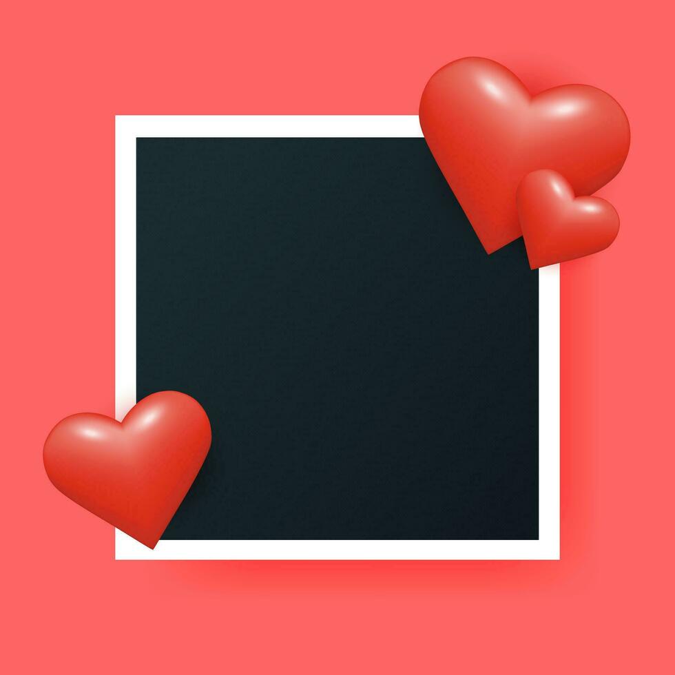 Romantic card with blank photo frame with 3d red heart. vector