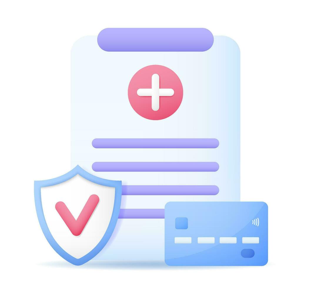Document health insurance with shield, credit card icon vector