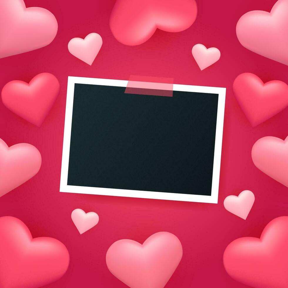 Romantic card with blank photo frame decoration 3d pink heart vector