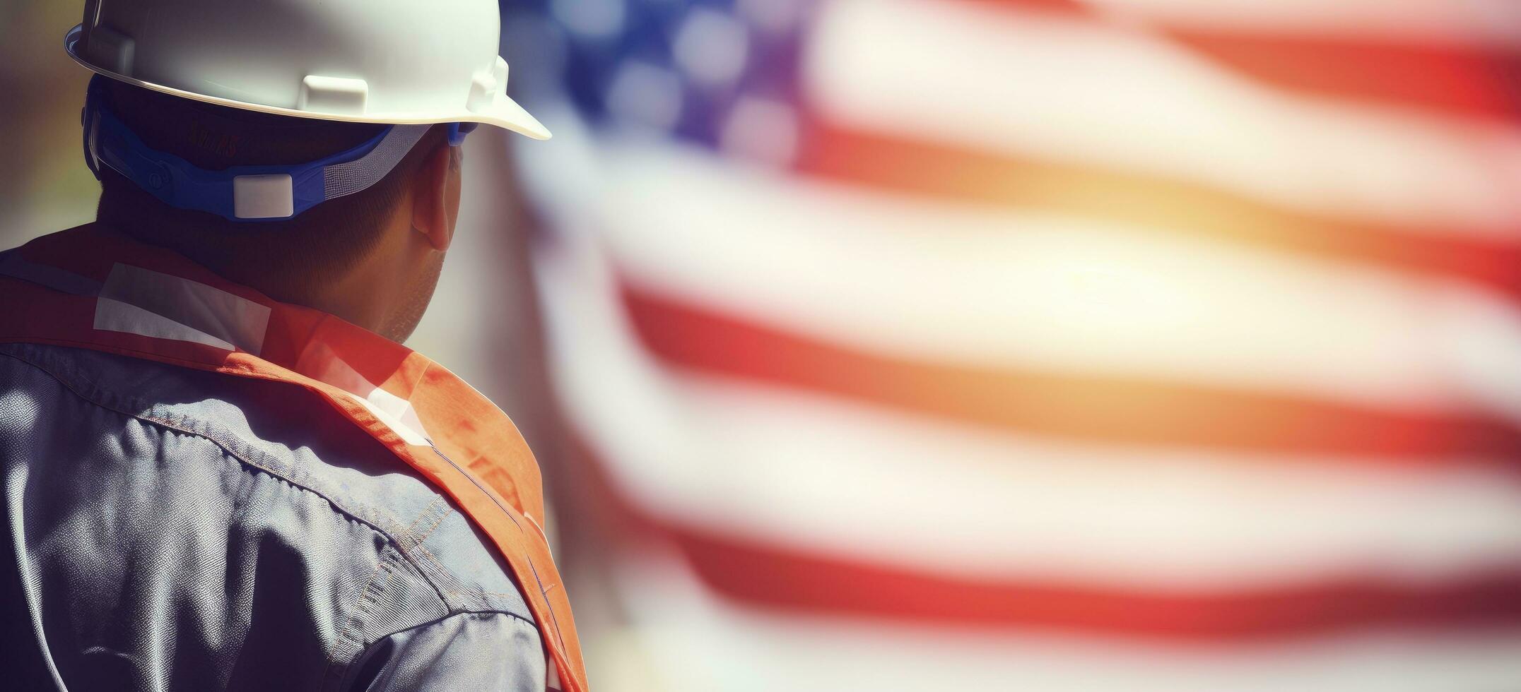 AI generated Labor day celebration, labor against the backdrop of the american flag, creating a joyful composition with copy space for text. photo