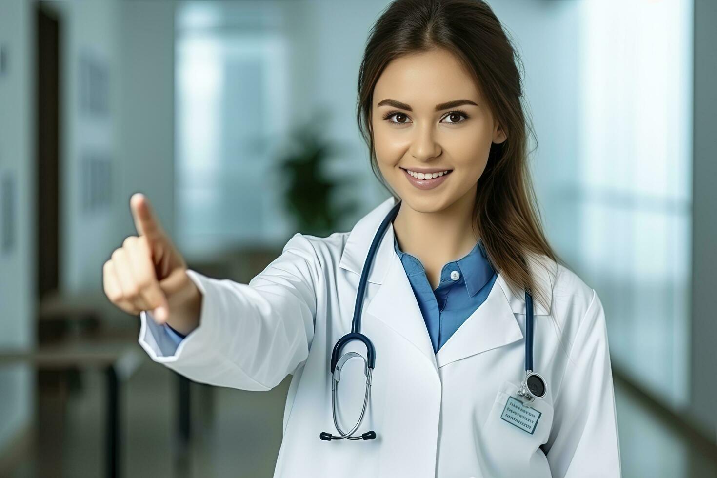 ai generado un joven hembra médico es señalando fuera alguna cosa foto