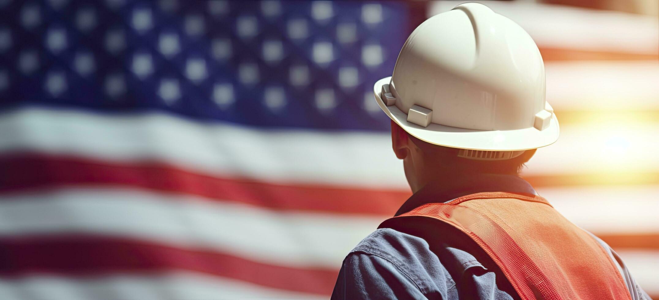 AI generated Labor day celebration, labor against the backdrop of the american flag, creating a joyful composition with copy space for text. photo
