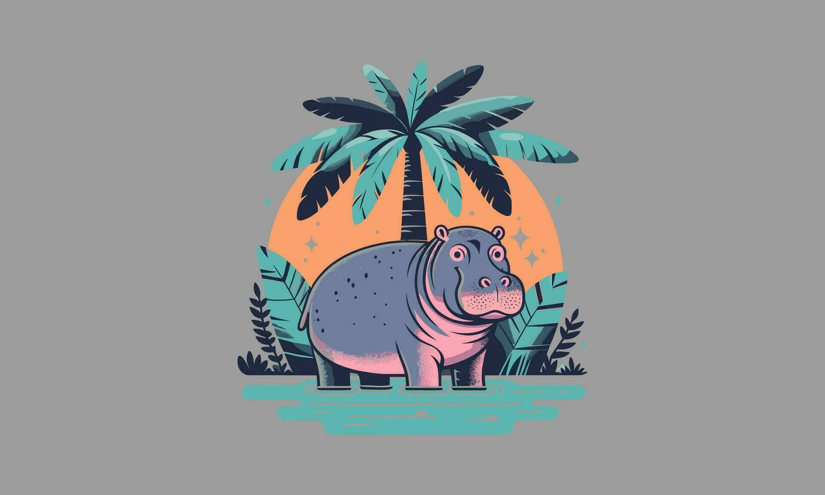 hipopótamo y palma vector logo plano diseño