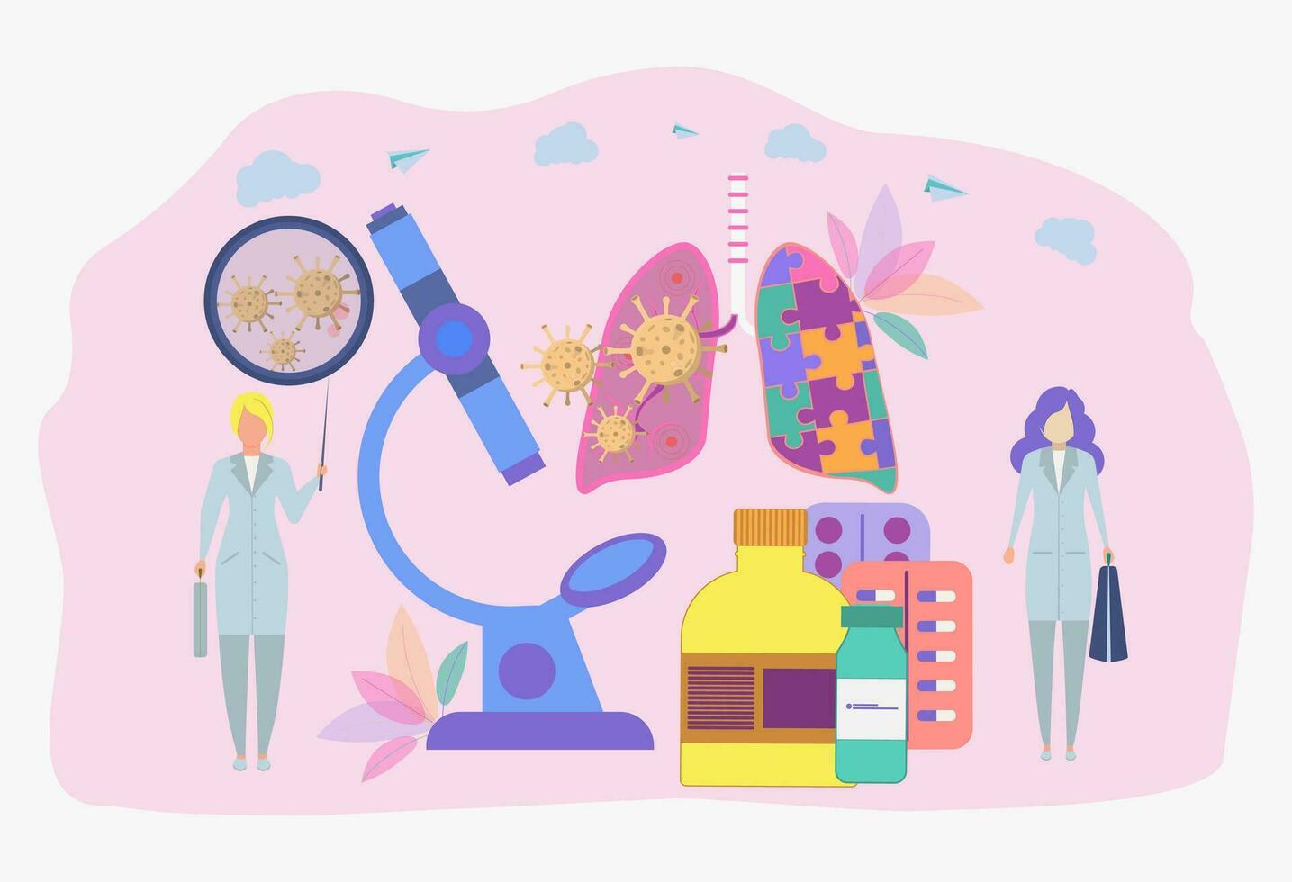 Infected planet. The concept of diagnosis and treatment of coronavirus COVID-2019. Doctors diagnose the deadly type of 2019 nKoV virus. Little scientists study the virus. Colorful vector illustration.