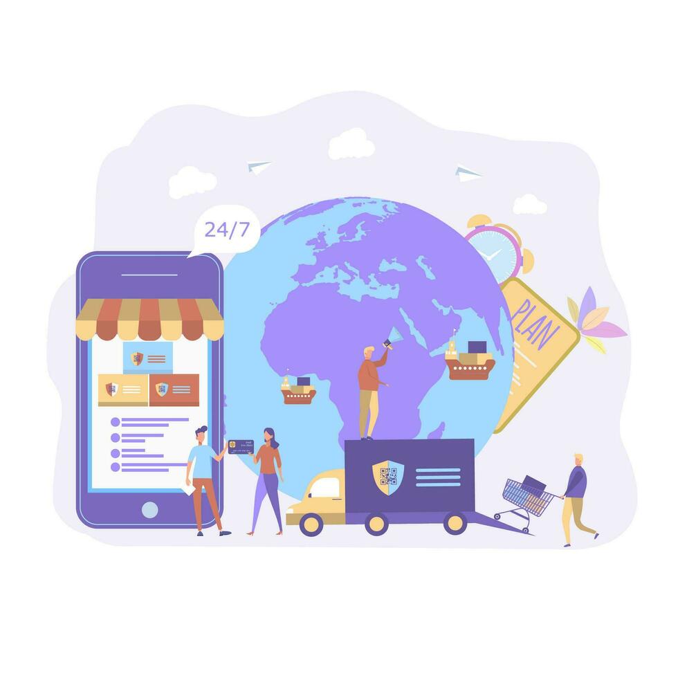 Service delivery of goods. Vector illustration, flat style, online shopping, business concept, online store, buying and selling, delivery of goods.