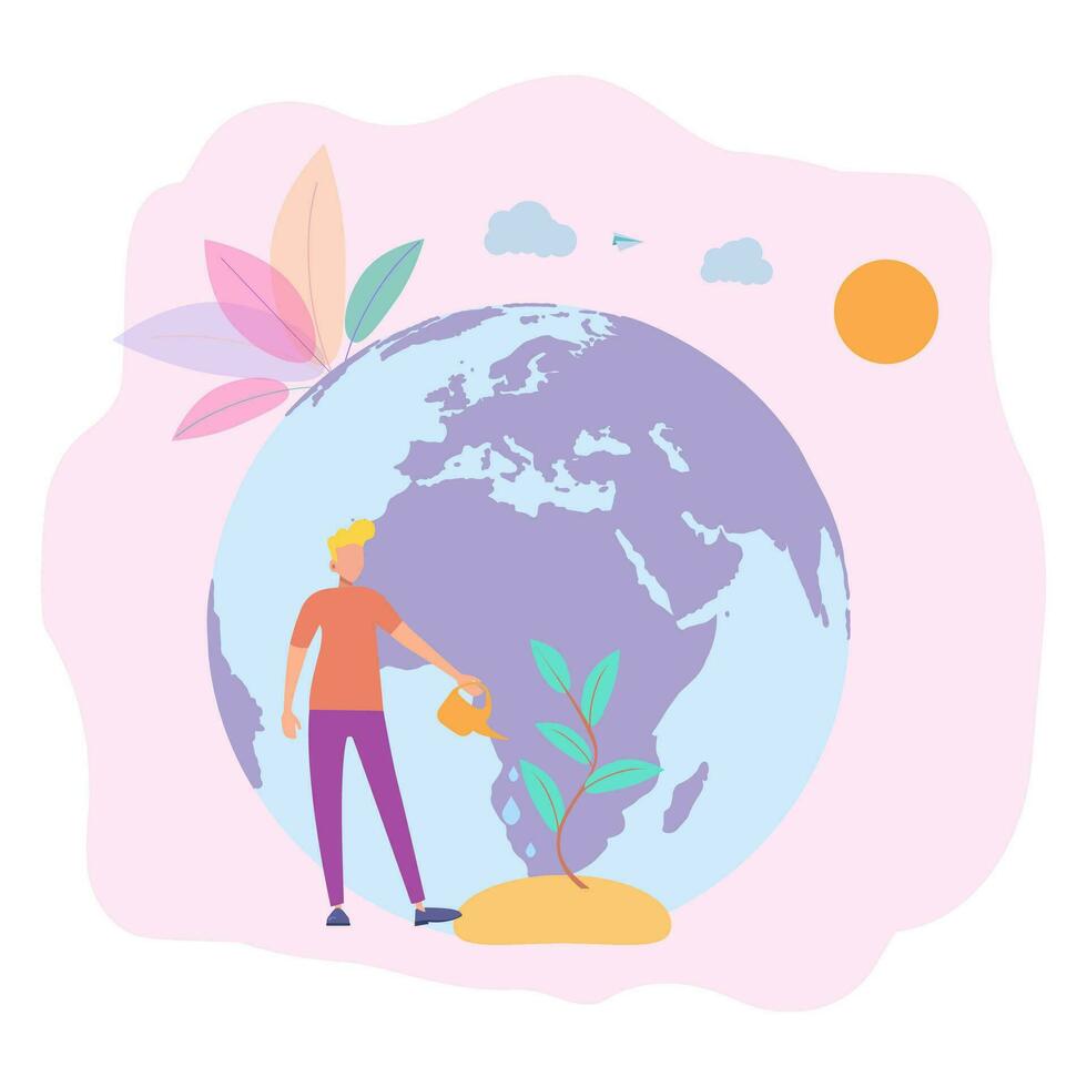 Global warming, Earth's climate change, rising temperatures. Numerous fires, destruction of flora and fauna, floods and uroganes. Colorful vector illustration.