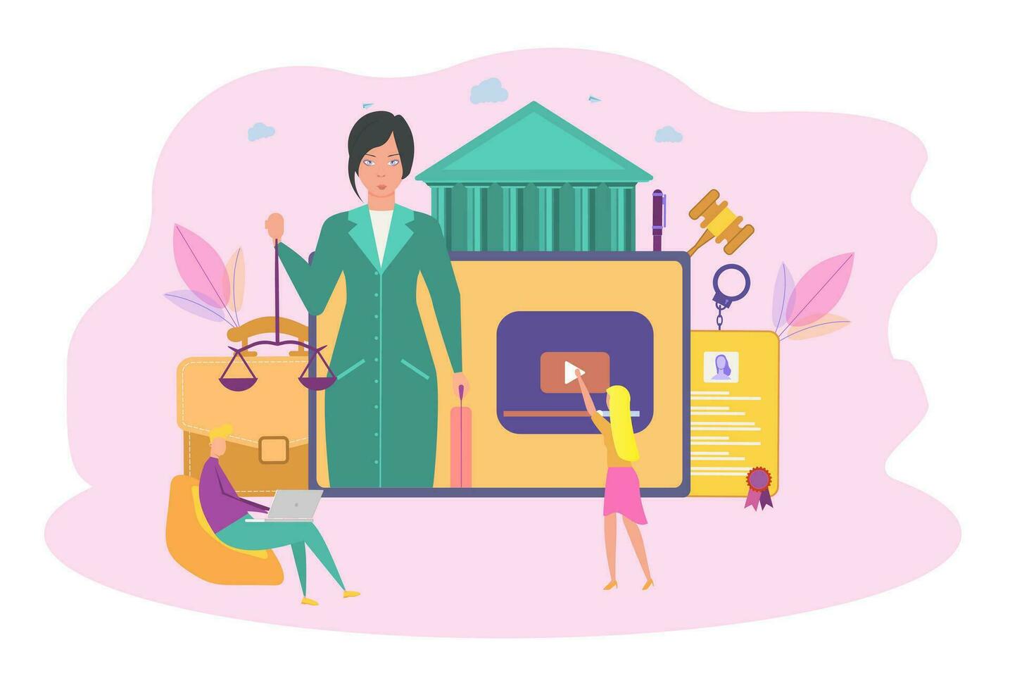 Man teacher conducts an online foreign language lesson. System of online lessons, the concept of learning a foreign language. Colorful vector illustration.