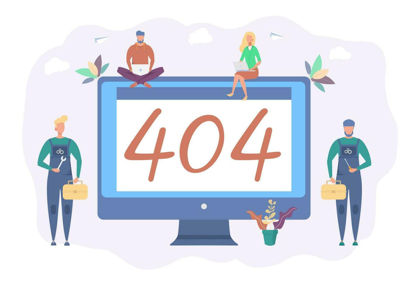 Error 404, disconnected from the Internet, not available. People connect to the internet. Colorful vector illustration.