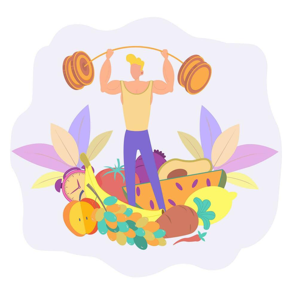 Healthy food is my choice. Fruits of fields, gardens, harvesting, organic products. Healthy eating concept. Refusal of junk food. Colorful vector illustration.