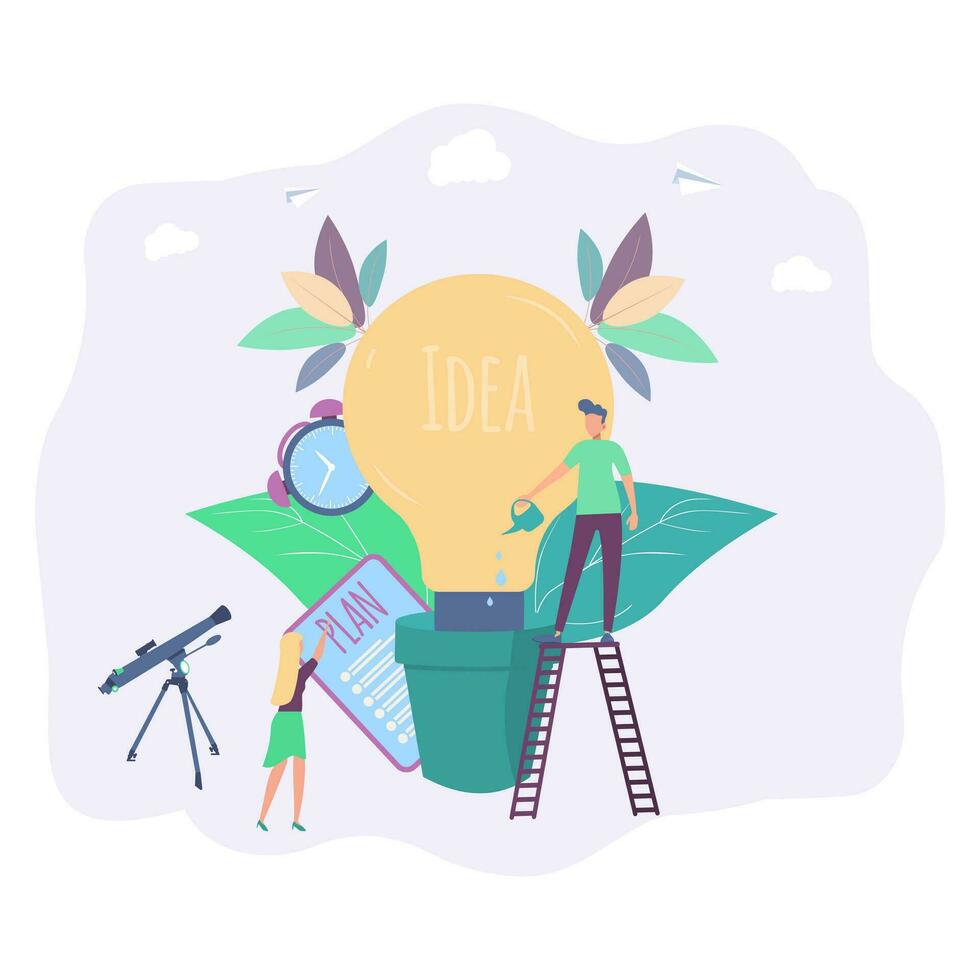 Birth metaphor of creative business idea. Business concept analysis. Little people grow potted plants. Colorful vector illustration.