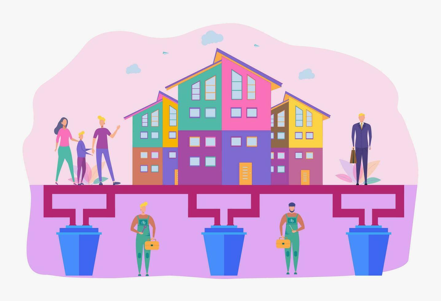 House with sewage system. Plumber repairs sewer, domestic sewage, the concept of sewer systems technology. Colorful vector illustration